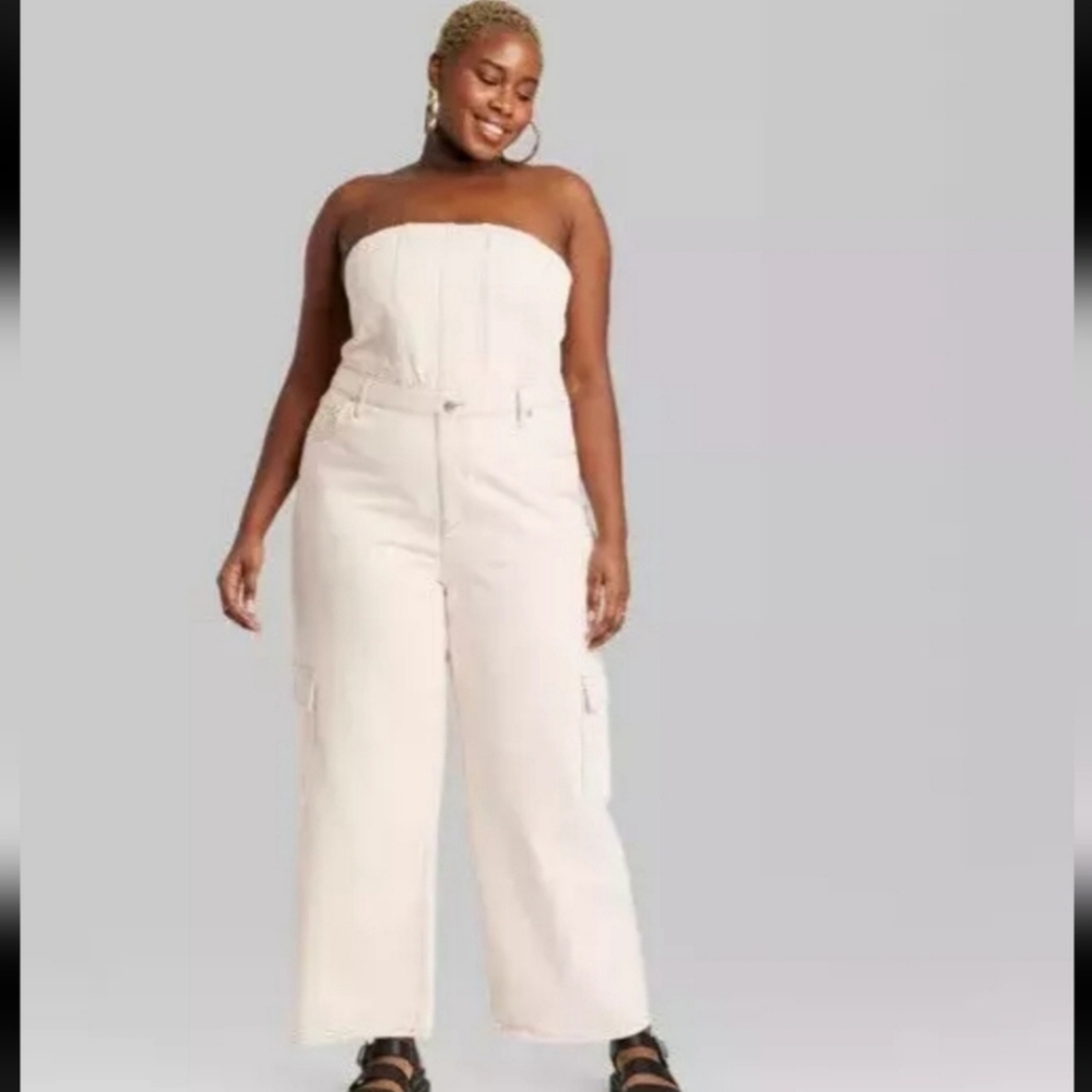 Wild Fable Off White Denim Cargo Wide Leg Tube Jumpsuit size 2X